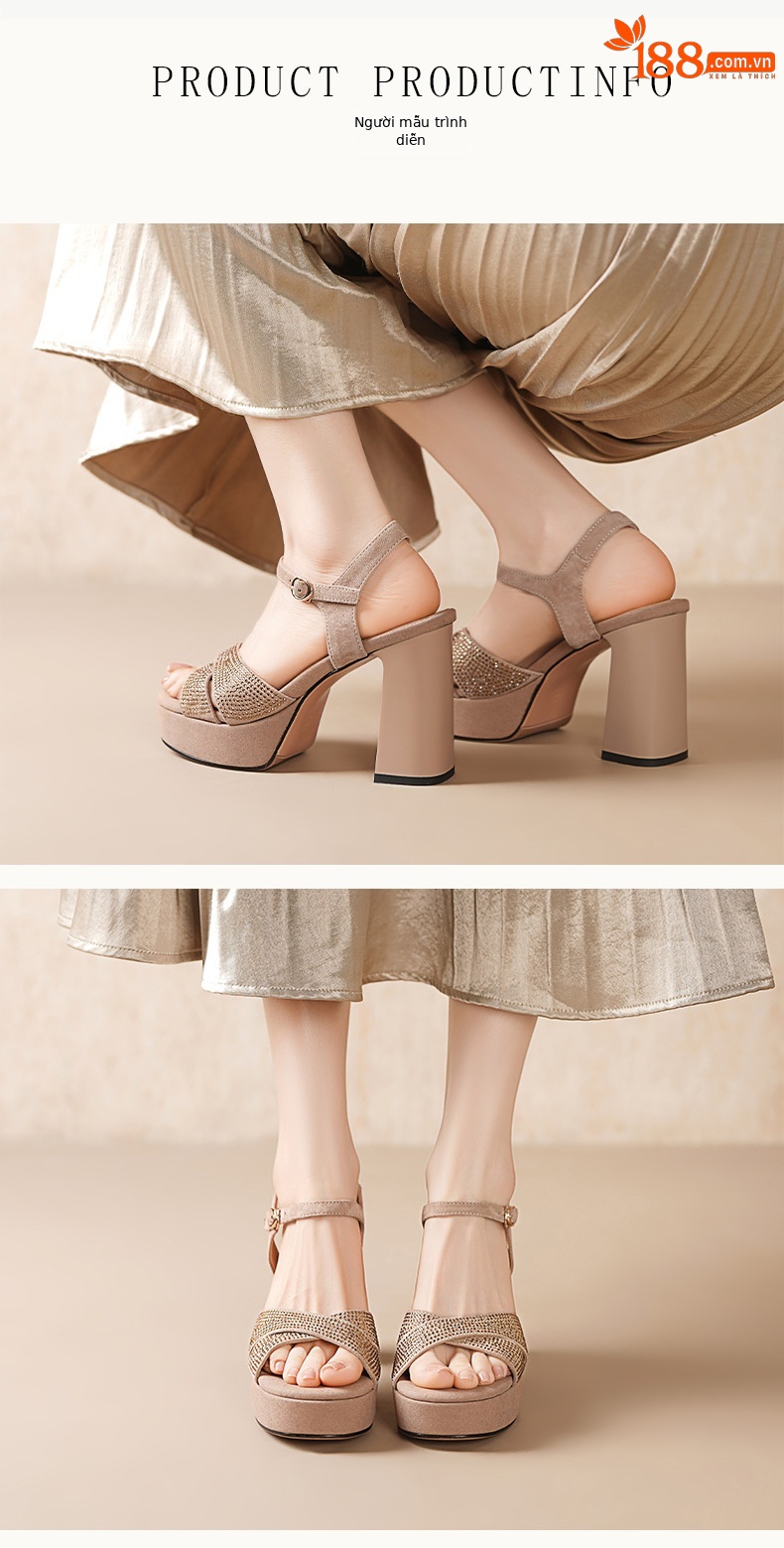 Sandal cao gót nữ đế platform đính đá, quai ngang khóa, mũi hở kiểu La Mã — màu đen, màu mơ chi tiết 2