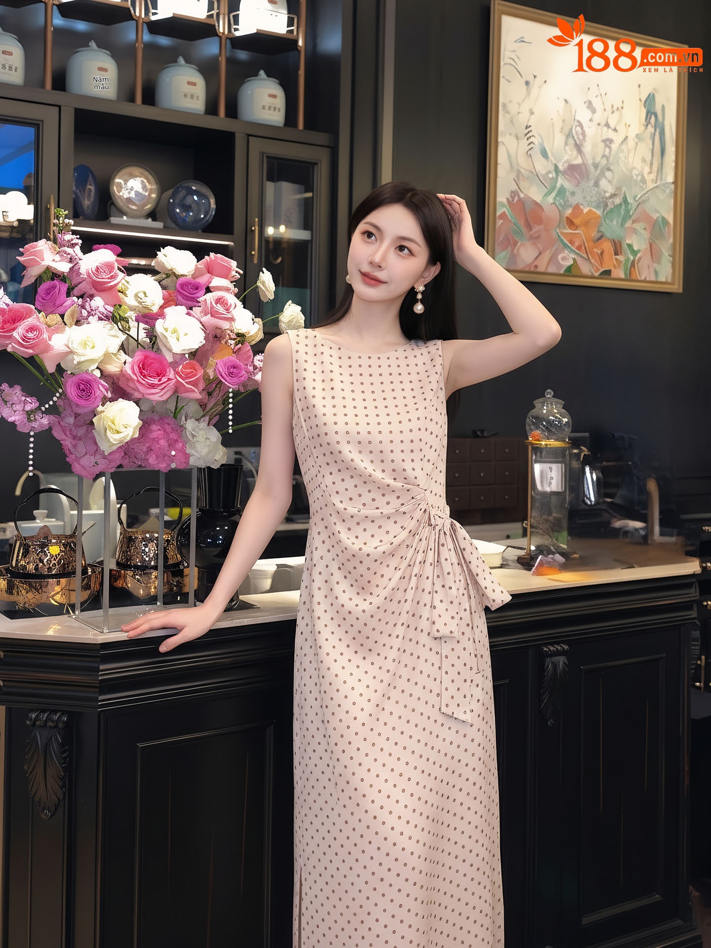 Đầm dài ôm body không tay họa tiết chấm bi phong cách Tân Trung Hoa — Điểm sóng