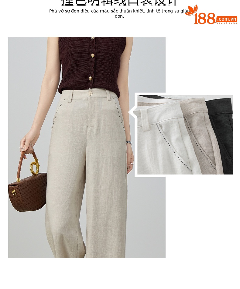 Quần culottes nữ ống rộng cạp cao vải lanh pha mùa hè — Màu sắc chi tiết 5