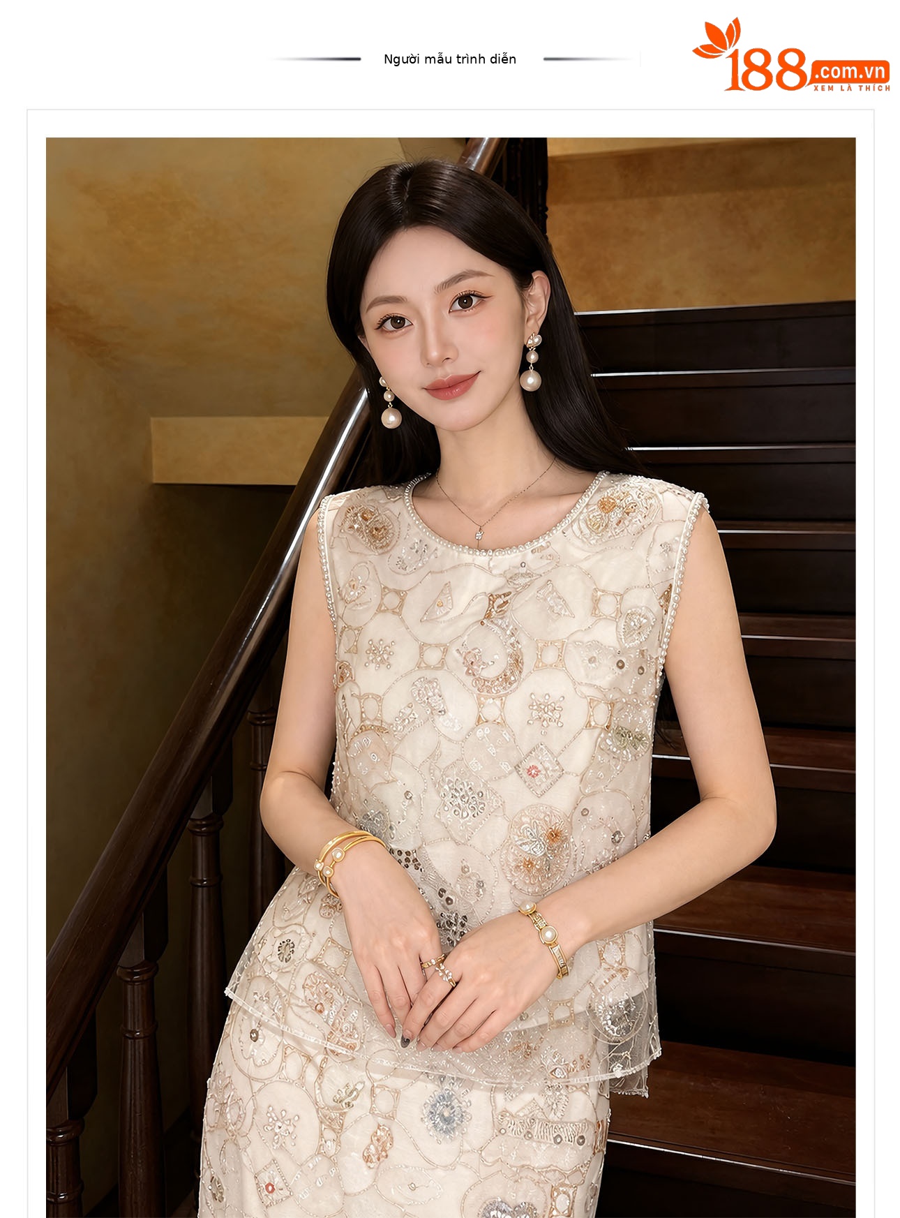 Bộ áo vest không tay và chân váy midi thêu ren cườm phong cách Tân Trung Hoa — bộ đồ, nửa váy, Trang chủ chi tiết 1