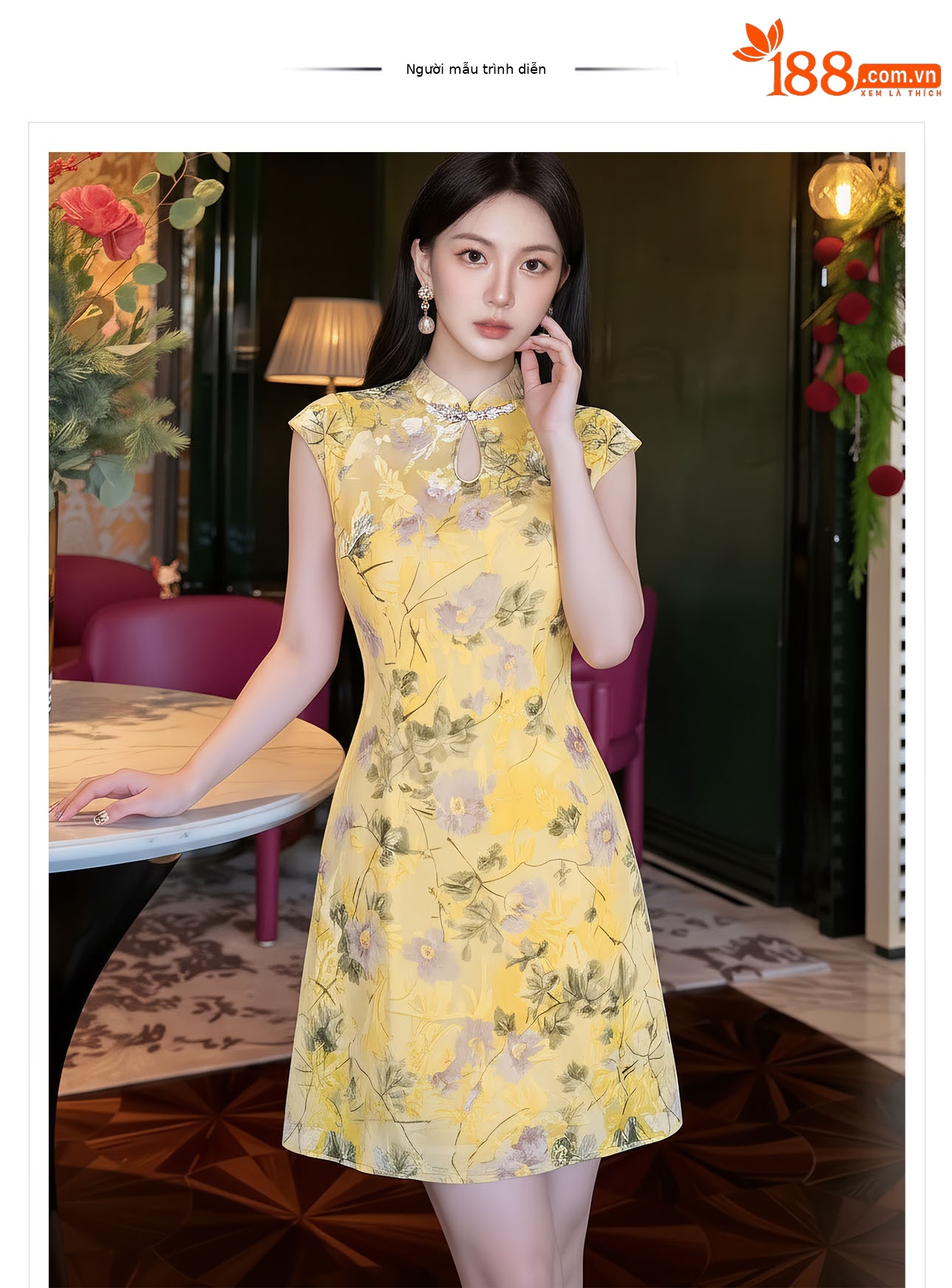 Đầm sườn xám cách tân họa tiết hoa văn nổi, thiết kế ôm eo thanh lịch — váy liền chi tiết 1