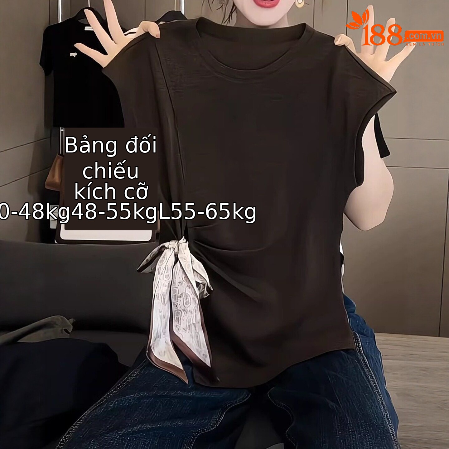 Áo thun nữ cổ tròn tay ngắn thắt eo dây rút phong cách cơ bản — màu cà phê chi tiết 1