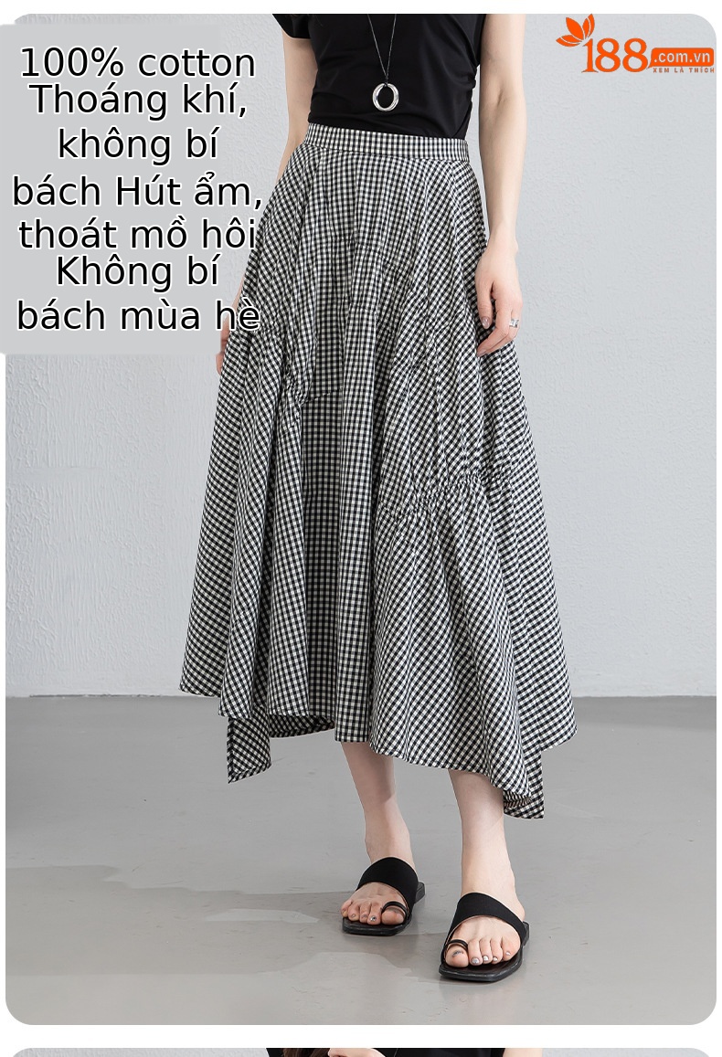 Chân váy chữ A kẻ caro đen trắng eo cao dáng dài bất quy tắc che khuyết điểm — Ô đen trắng chi tiết 6