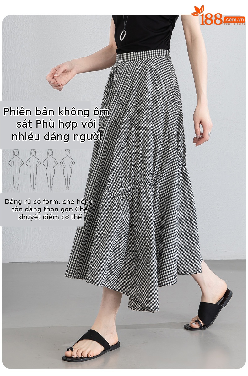 Chân váy chữ A kẻ caro đen trắng eo cao dáng dài bất quy tắc che khuyết điểm — Ô đen trắng chi tiết 10
