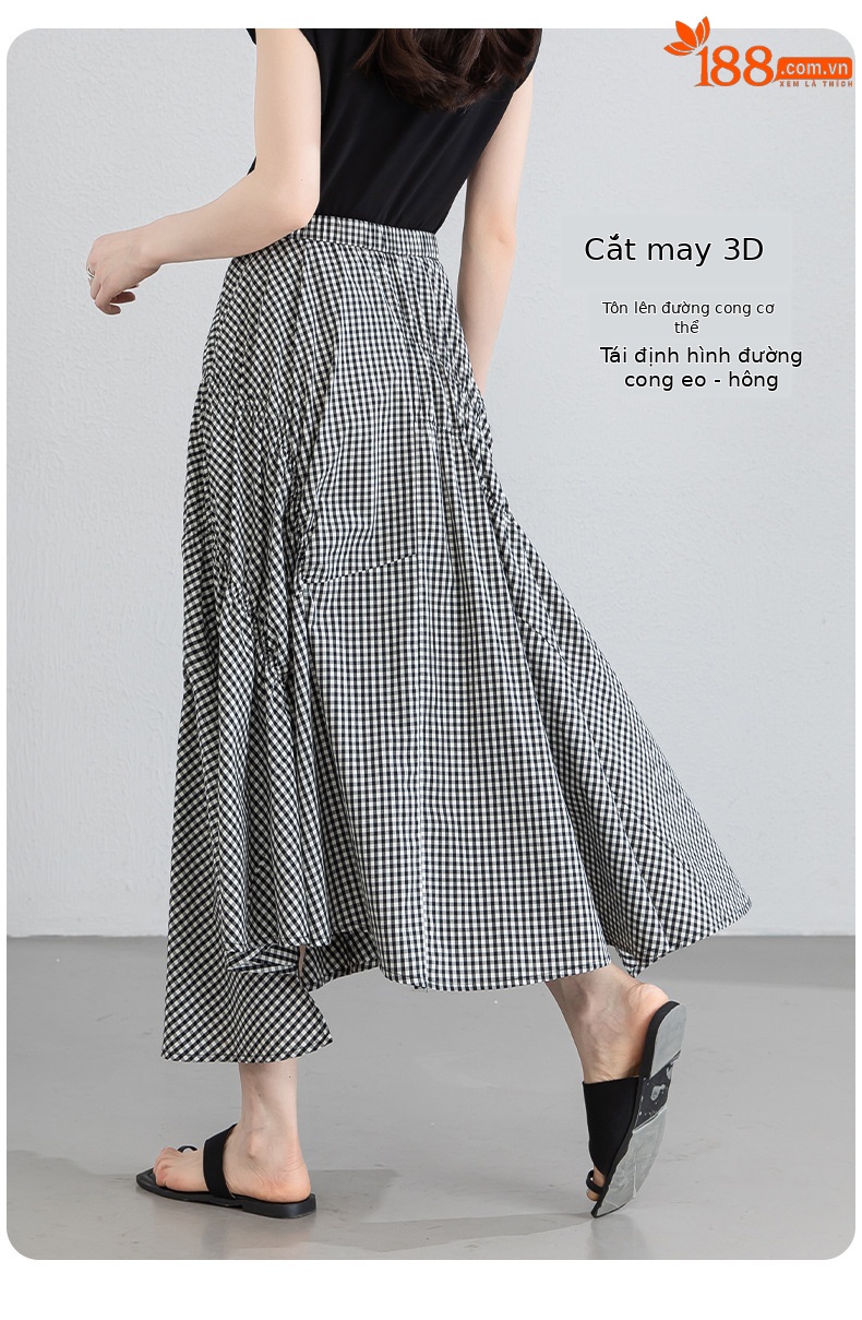 Chân váy chữ A kẻ caro đen trắng eo cao dáng dài bất quy tắc che khuyết điểm — Ô đen trắng chi tiết 11