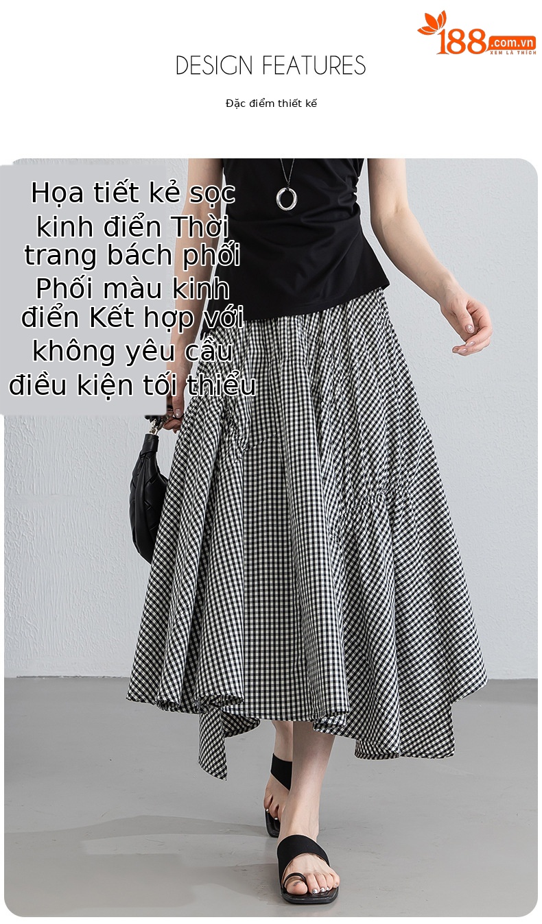 Chân váy chữ A kẻ caro đen trắng eo cao dáng dài bất quy tắc che khuyết điểm — Ô đen trắng chi tiết 5
