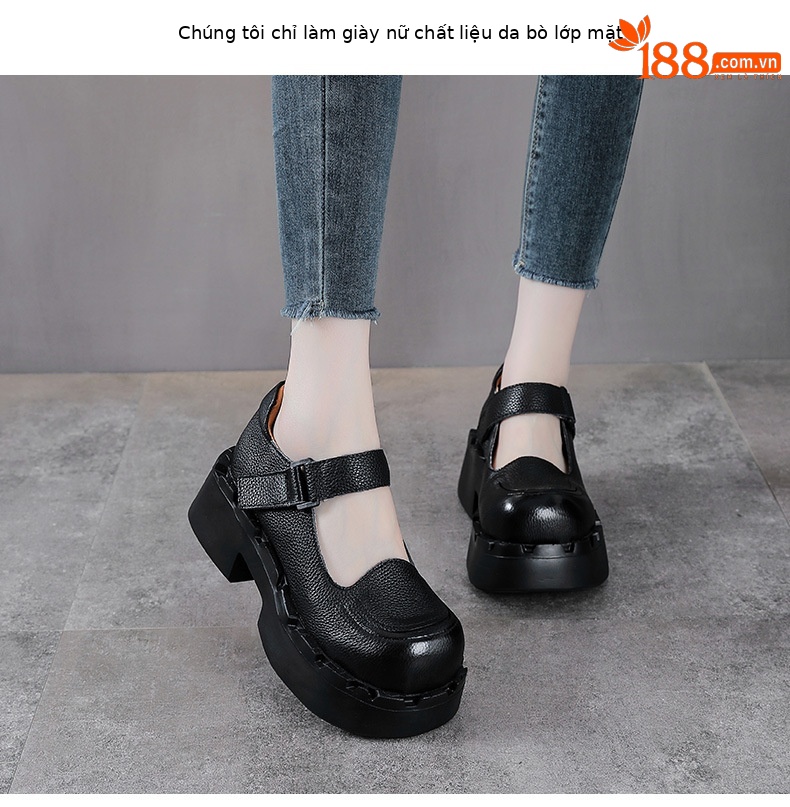 Giày Mary Jane nữ da bò đế dày gót thấp phong cách cổ điển — màu nâu chi tiết 2