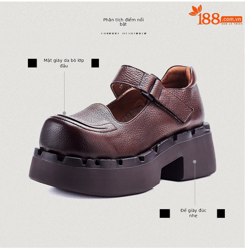 Giày Mary Jane nữ da bò đế dày gót thấp phong cách cổ điển — màu nâu chi tiết 3
