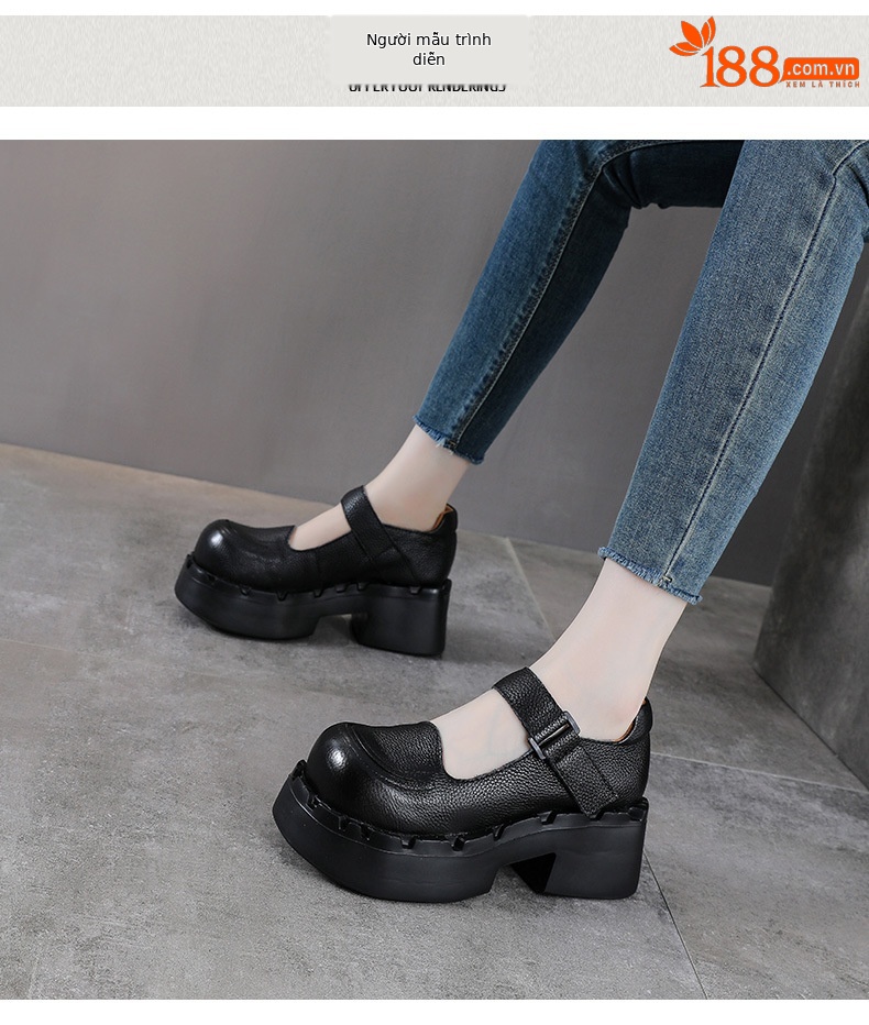 Giày Mary Jane nữ da bò đế dày gót thấp phong cách cổ điển — màu nâu chi tiết 9