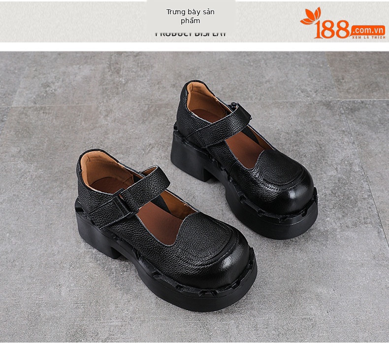 Giày Mary Jane nữ da bò đế dày gót thấp phong cách cổ điển — màu nâu chi tiết 10
