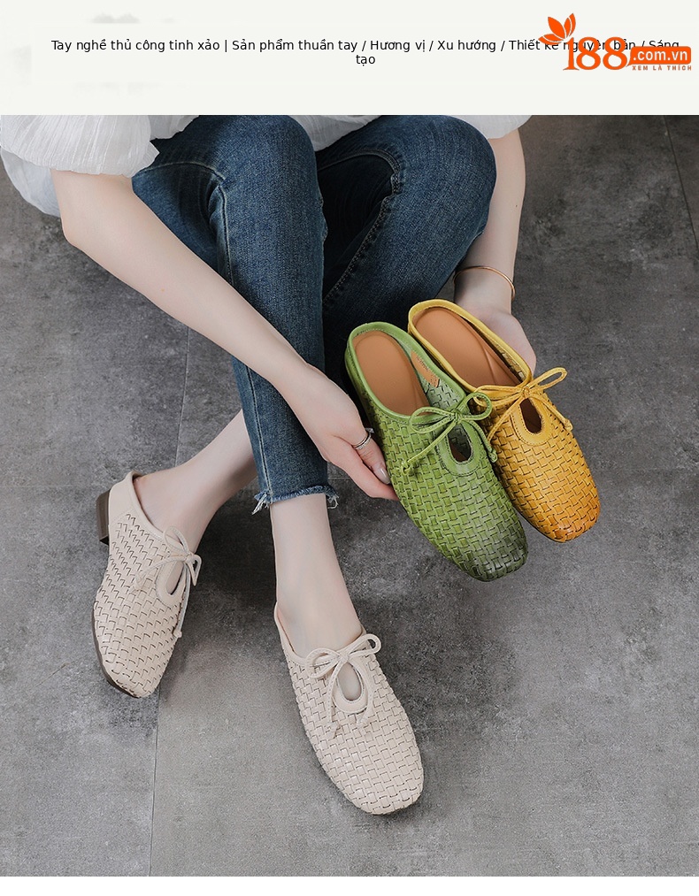 Dép sandal nữ bít mũi da bò thật đan chéo cổ điển đế mềm — màu be chi tiết 1