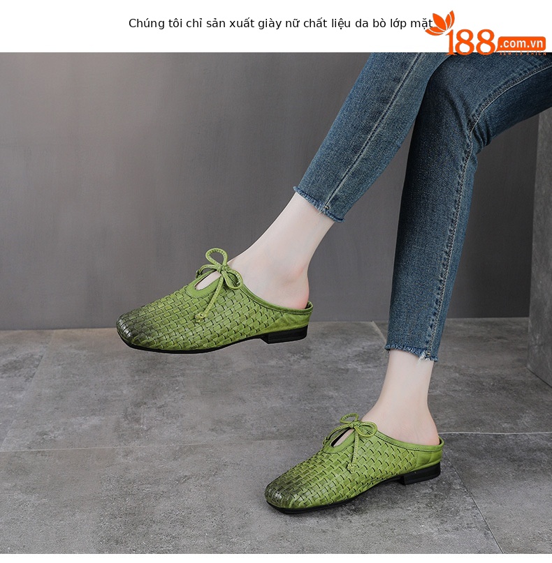 Dép sandal nữ bít mũi da bò thật đan chéo cổ điển đế mềm — màu be chi tiết 2
