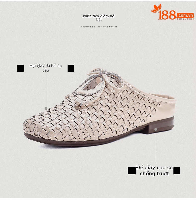 Dép sandal nữ bít mũi da bò thật đan chéo cổ điển đế mềm — màu be chi tiết 3