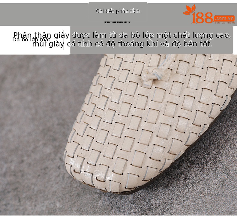 Dép sandal nữ bít mũi da bò thật đan chéo cổ điển đế mềm — màu be chi tiết 4