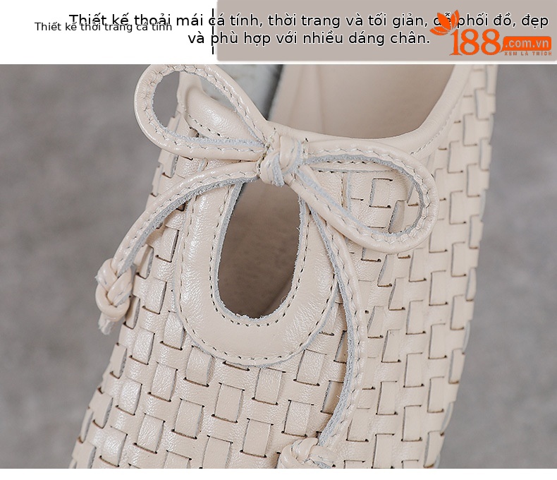 Dép sandal nữ bít mũi da bò thật đan chéo cổ điển đế mềm — màu be chi tiết 5