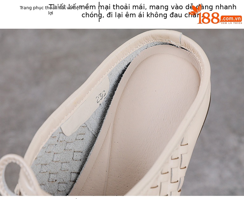 Dép sandal nữ bít mũi da bò thật đan chéo cổ điển đế mềm — màu be chi tiết 6