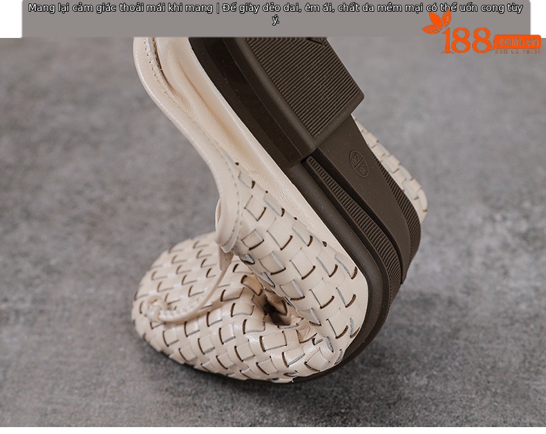 Dép sandal nữ bít mũi da bò thật đan chéo cổ điển đế mềm — màu be chi tiết 8