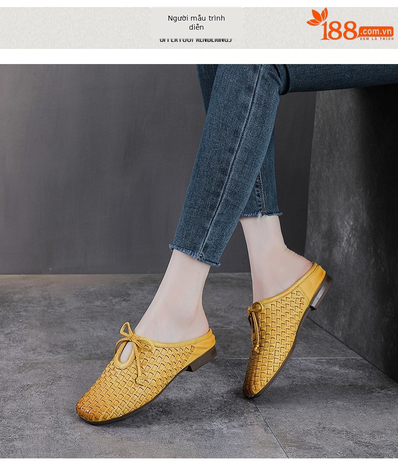 Dép sandal nữ bít mũi da bò thật đan chéo cổ điển đế mềm — màu be chi tiết 9