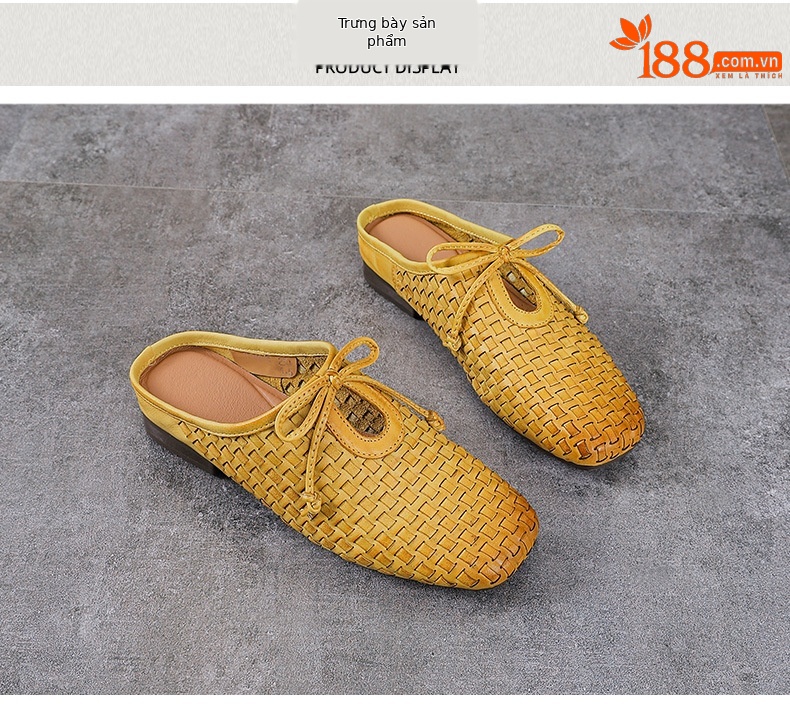 Dép sandal nữ bít mũi da bò thật đan chéo cổ điển đế mềm — màu be chi tiết 10