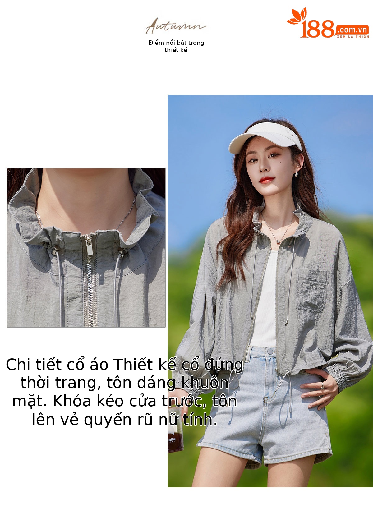 Áo khoác chống nắng nữ tay dài cổ đứng phong cách thể thao mùa hè 2026 — màu xám chi tiết 7