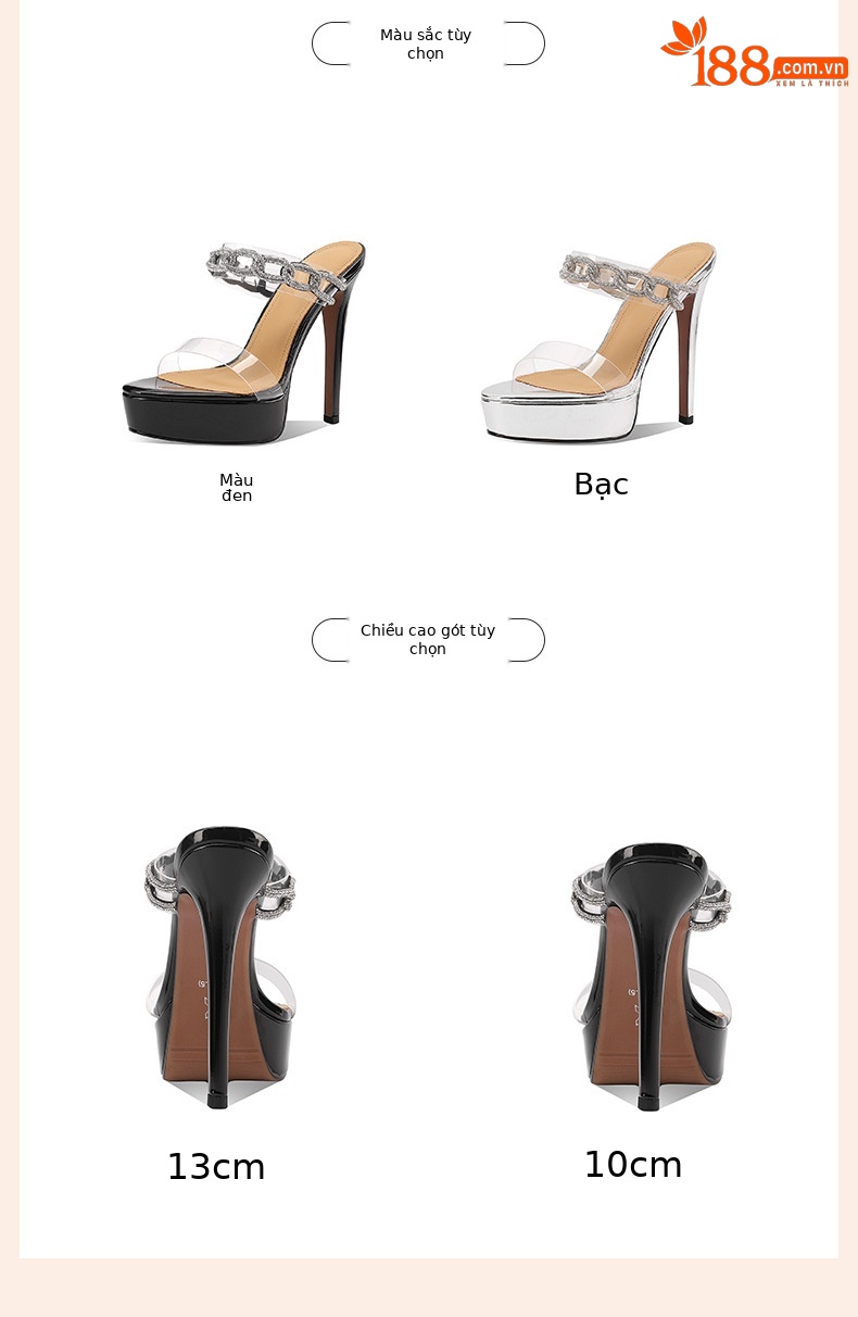 Sandal cao gót nữ quai ngang trong suốt đính đá, gót 13 cm, đế platform — Đen 13cm chi tiết 2