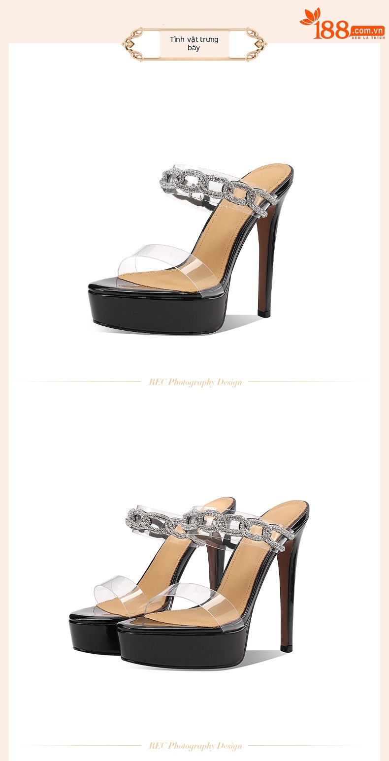 Sandal cao gót nữ quai ngang trong suốt đính đá, gót 13 cm, đế platform — Đen 13cm chi tiết 9