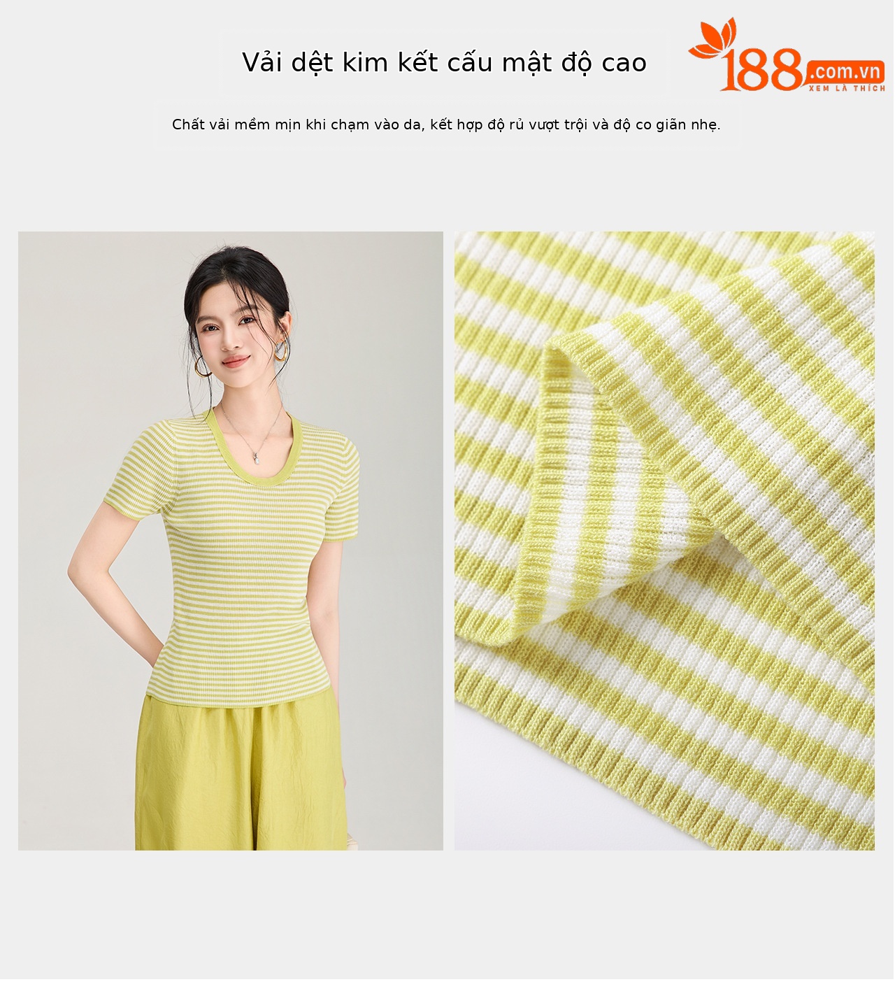 Áo thun nữ cổ U dệt kim sợi lanh siêu mịn tay ngắn — màu thiên thanh chi tiết 11
