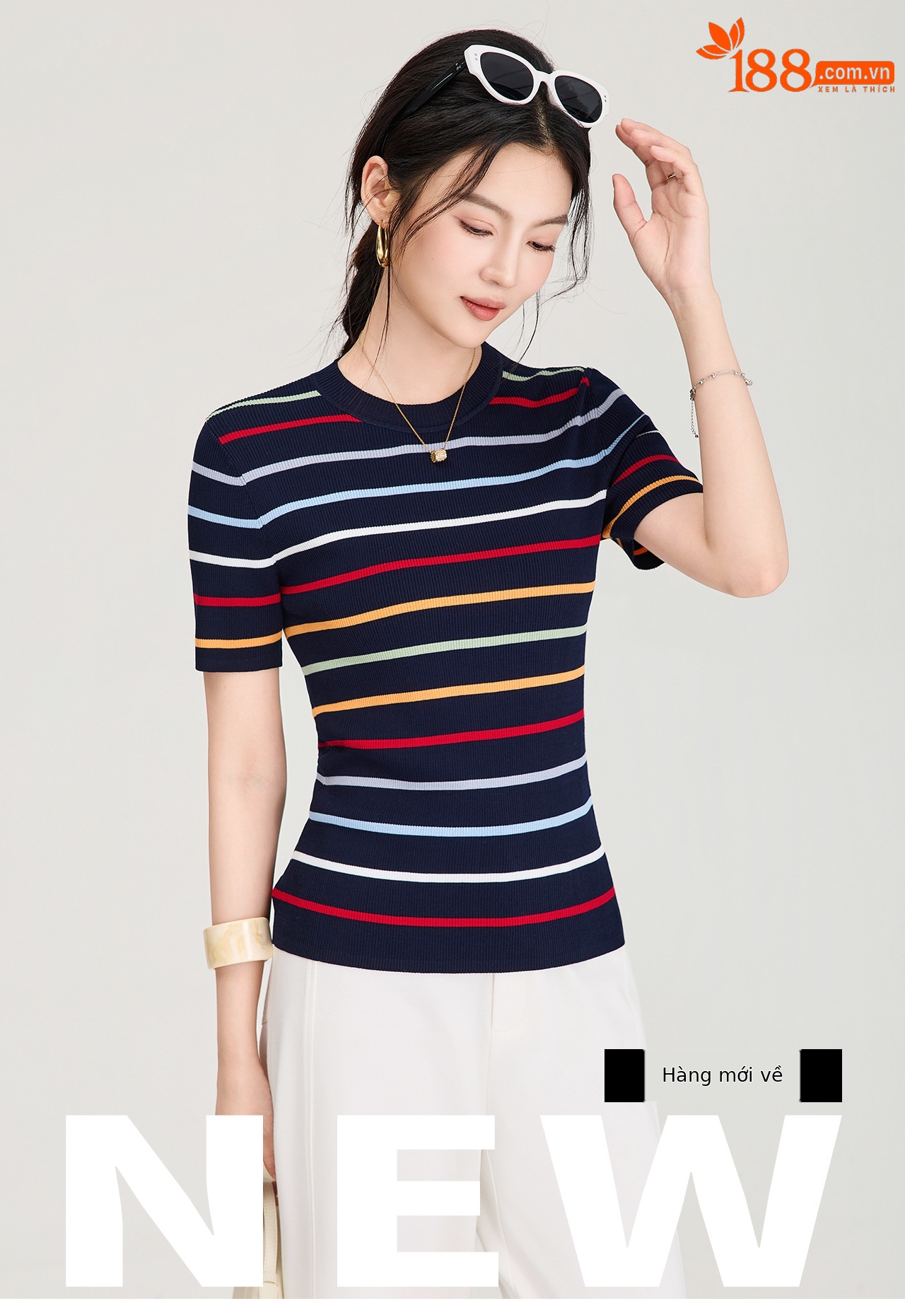 Áo thun nữ cổ tròn sọc kẻ dệt kim mỏng mùa hè — màu xanh navy chi tiết 1