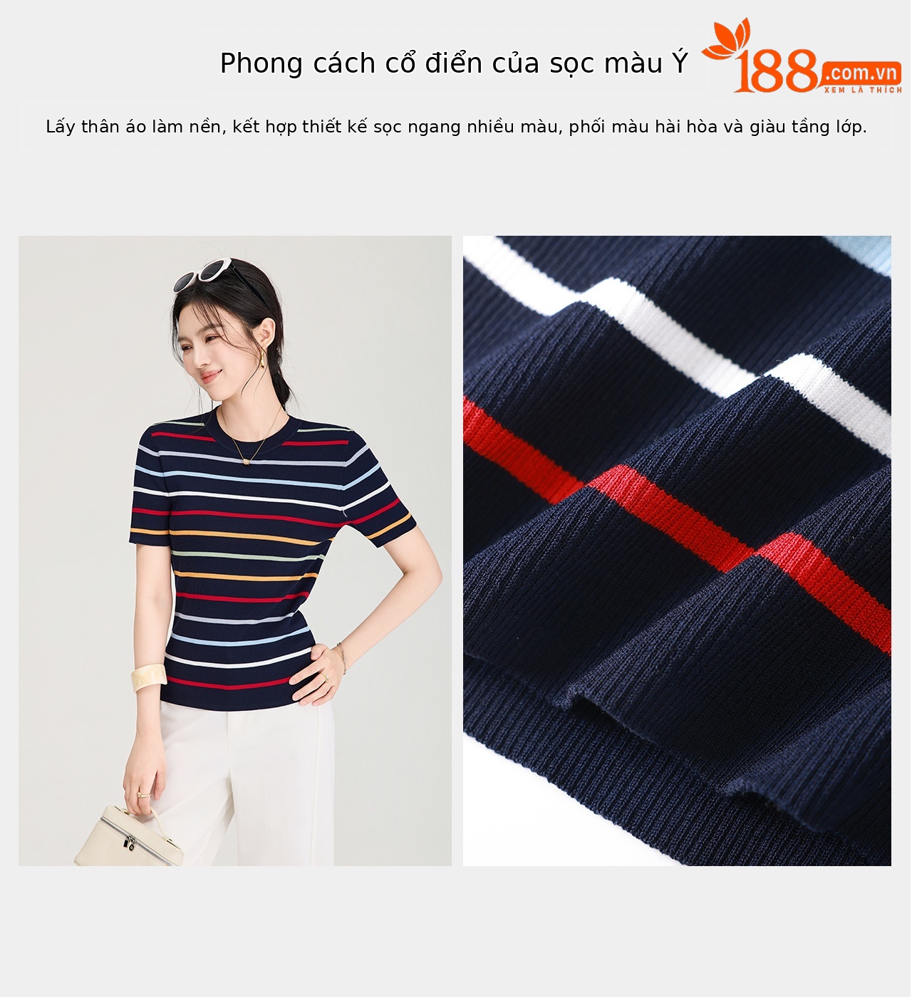 Áo thun nữ cổ tròn sọc kẻ dệt kim mỏng mùa hè — màu xanh navy chi tiết 11