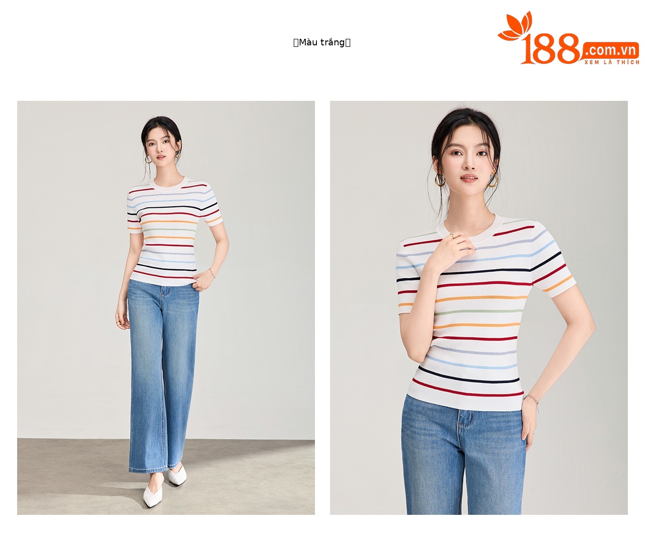 Áo thun nữ cổ tròn sọc kẻ dệt kim mỏng mùa hè — màu xanh navy chi tiết 17