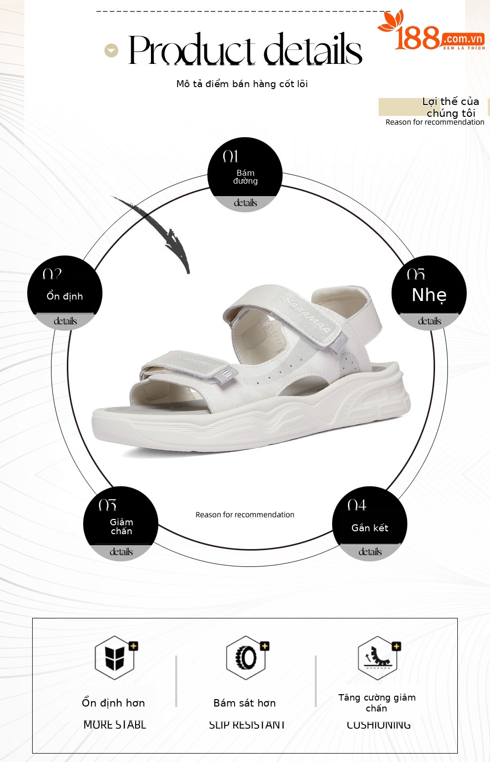 Sandal thể thao đế dày quai dán dành cho nữ, phối lưới thoáng khí, đế mềm êm chân — 6171 Trắng xanh lá cây, 6171 Trắng Ash chi tiết 2