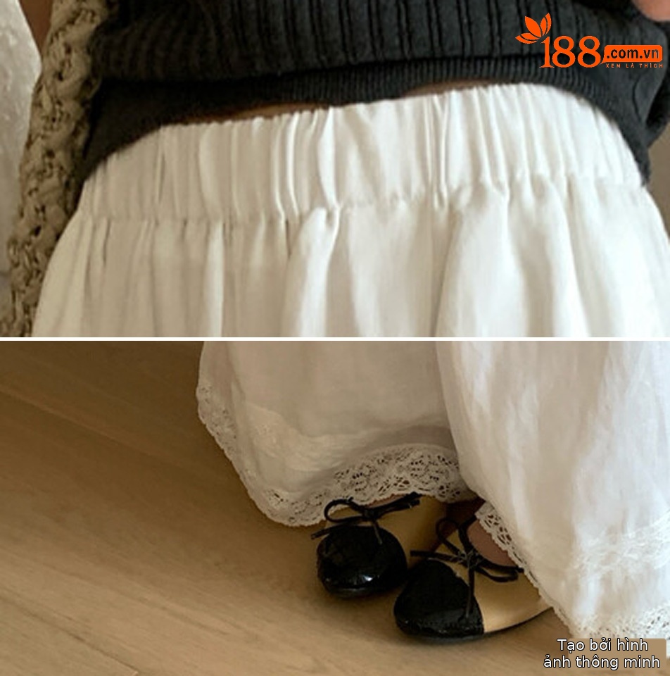 Quần culottes nữ ống rộng cạp cao chun eo viền ren dáng suông — màu trắng, xanh lá cây, yến mạch chi tiết 8