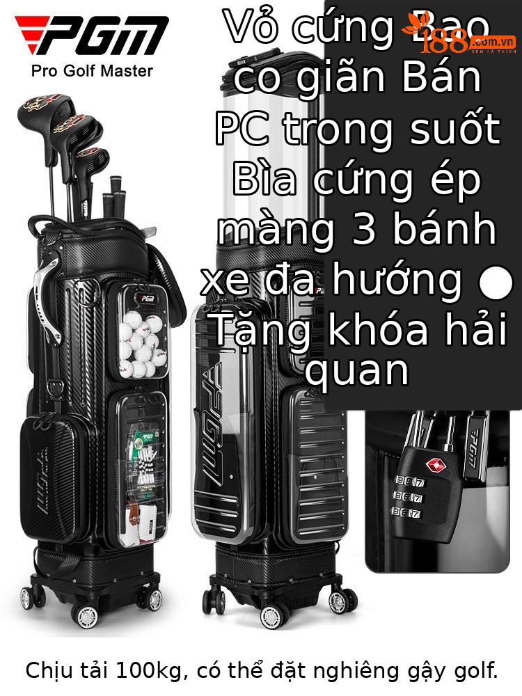 Túi đựng gậy golf cứng trong suốt PGM có bánh xe vạn năng, kéo dãn được, dùng cho hành lý ký gửi máy bay — Đen trong suốt【Vỏ PC trong suốt/Vỏ cứng TPU ép màng/Gậy đảo ngược/Bánh xe vạn năng】QB142