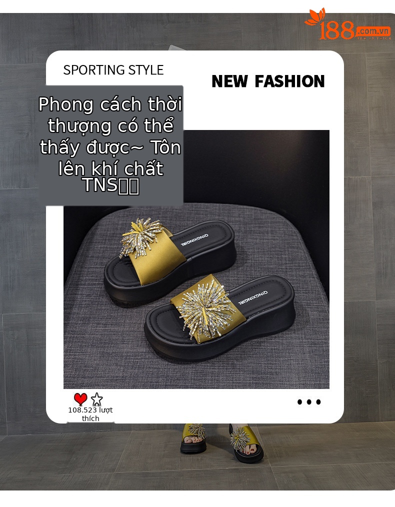 Dép sandal nữ xỏ ngón đế bệt đính khóa kim cương phong cách Hàn Quốc — 5077 vàng, 5077 đen chi tiết 3