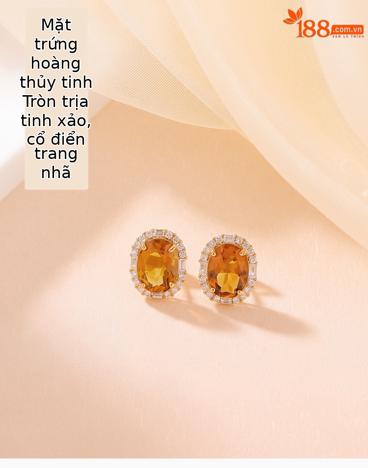 Khuyên tai bạc S925 đính đá vàng hình trứng ellipse — Cặp đôi chi tiết 1