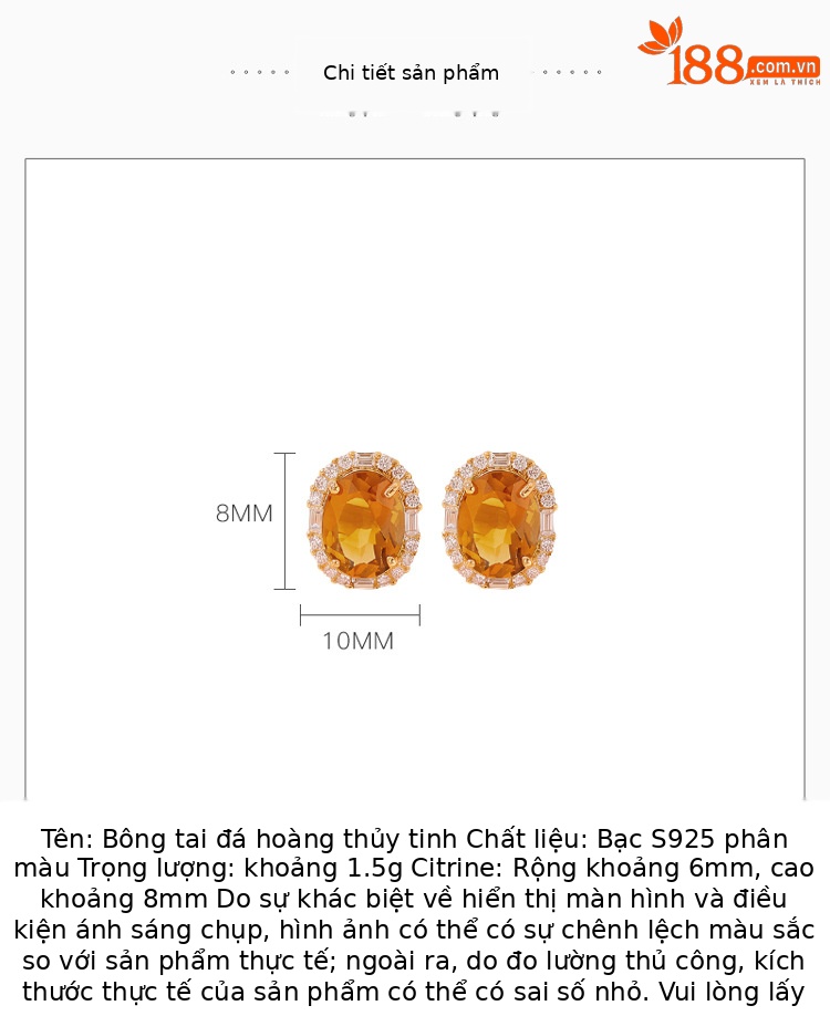 Khuyên tai bạc S925 đính đá vàng hình trứng ellipse — Cặp đôi chi tiết 2