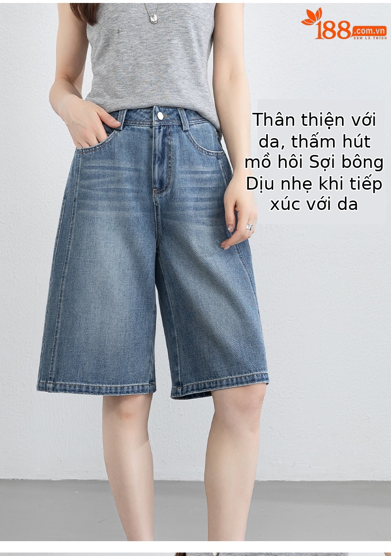 Quần jean nữ cạp cao ống rộng dáng suông mùa hè — xanh lam chi tiết 6