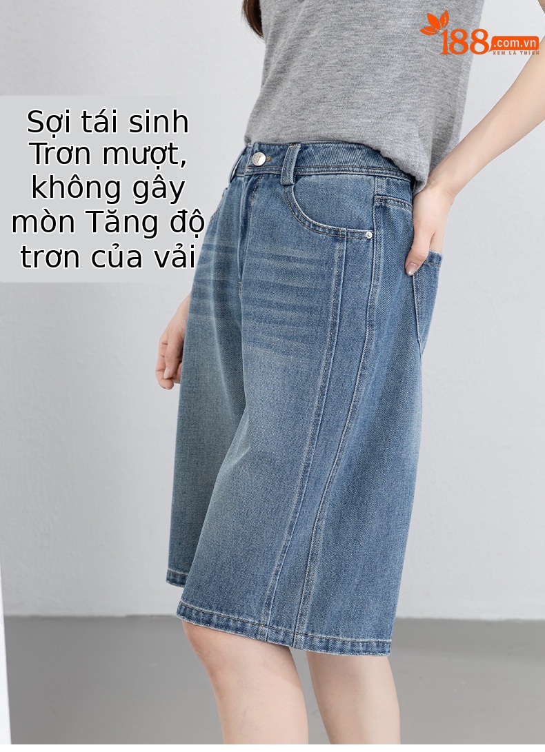 Quần jean nữ cạp cao ống rộng dáng suông mùa hè — xanh lam chi tiết 7