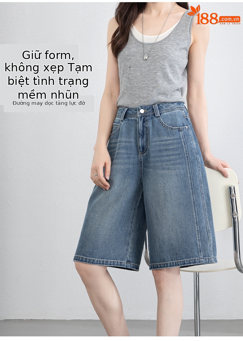 Quần jean nữ cạp cao ống rộng dáng suông mùa hè — xanh lam chi tiết 9