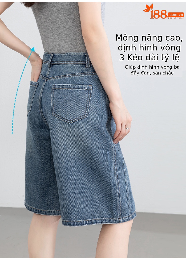 Quần jean nữ cạp cao ống rộng dáng suông mùa hè — xanh lam chi tiết 11