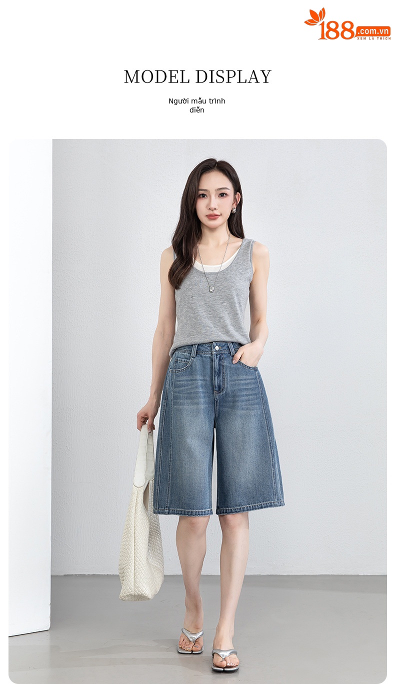 Quần jean nữ cạp cao ống rộng dáng suông mùa hè — xanh lam chi tiết 16