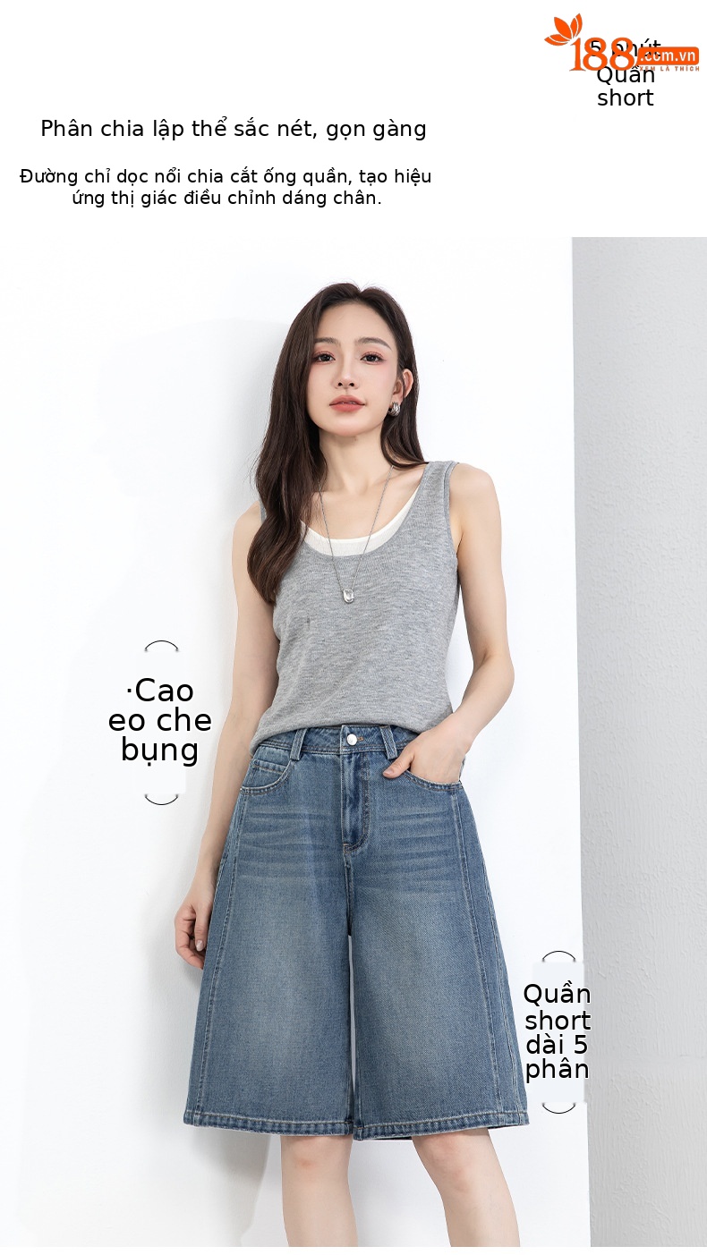 Quần jean nữ cạp cao ống rộng dáng suông mùa hè — xanh lam chi tiết 1