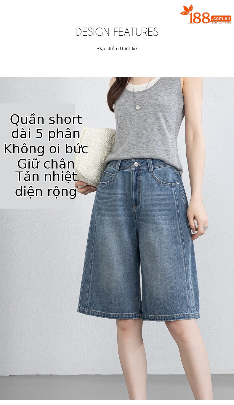 Quần jean nữ cạp cao ống rộng dáng suông mùa hè — xanh lam chi tiết 5