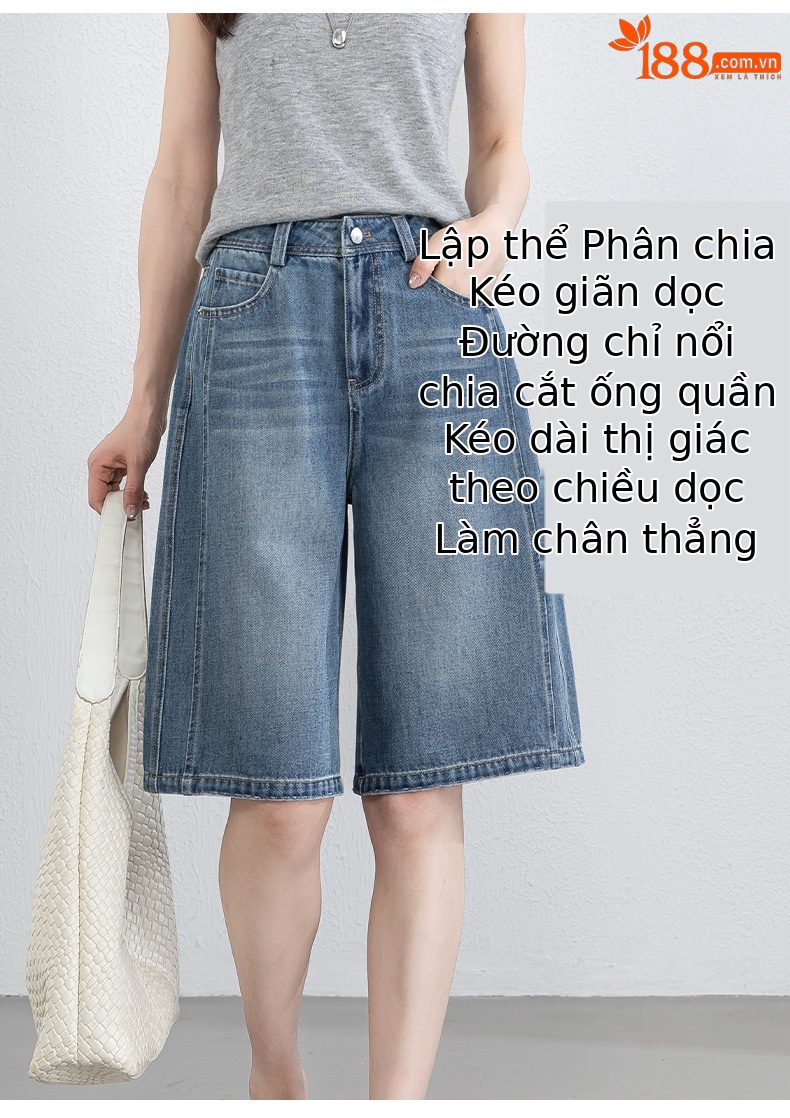 Quần jean nữ cạp cao ống rộng dáng suông mùa hè — xanh lam chi tiết 8