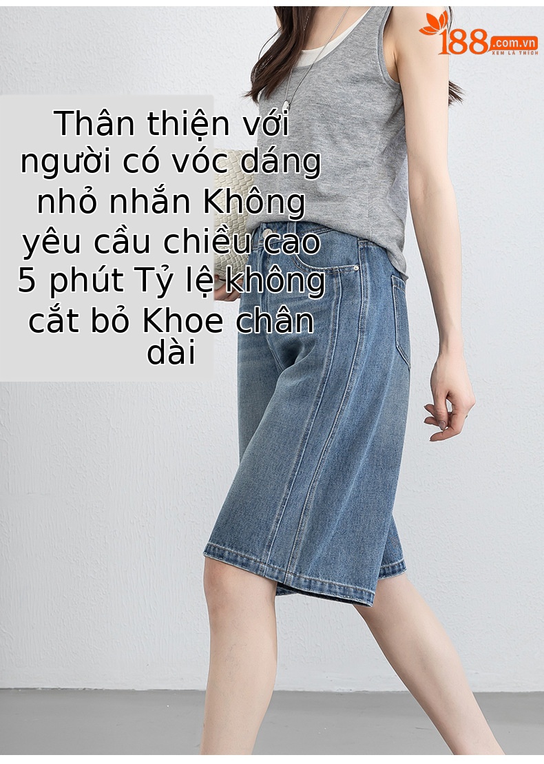 Quần jean nữ cạp cao ống rộng dáng suông mùa hè — xanh lam chi tiết 10