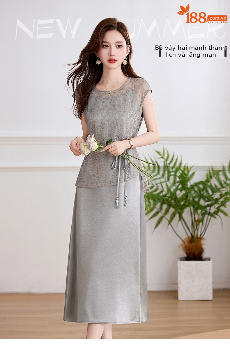 Đầm maxi nữ hai dây thắt eo thanh lịch mùa hè JX2619 — màu xám, màu mơ chi tiết 1