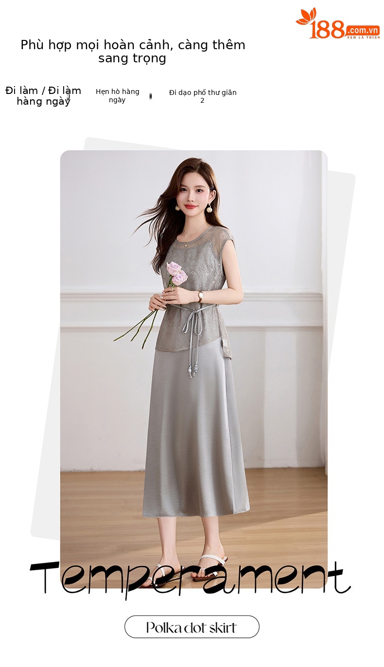 Đầm maxi nữ hai dây thắt eo thanh lịch mùa hè JX2619 — màu xám, màu mơ chi tiết 5