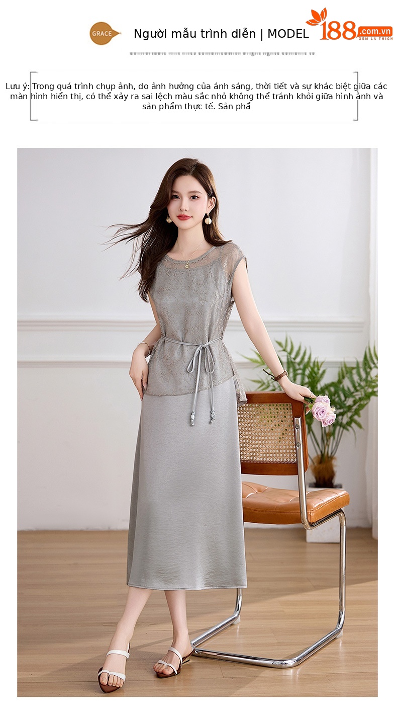 Đầm maxi nữ hai dây thắt eo thanh lịch mùa hè JX2619 — màu xám, màu mơ chi tiết 13