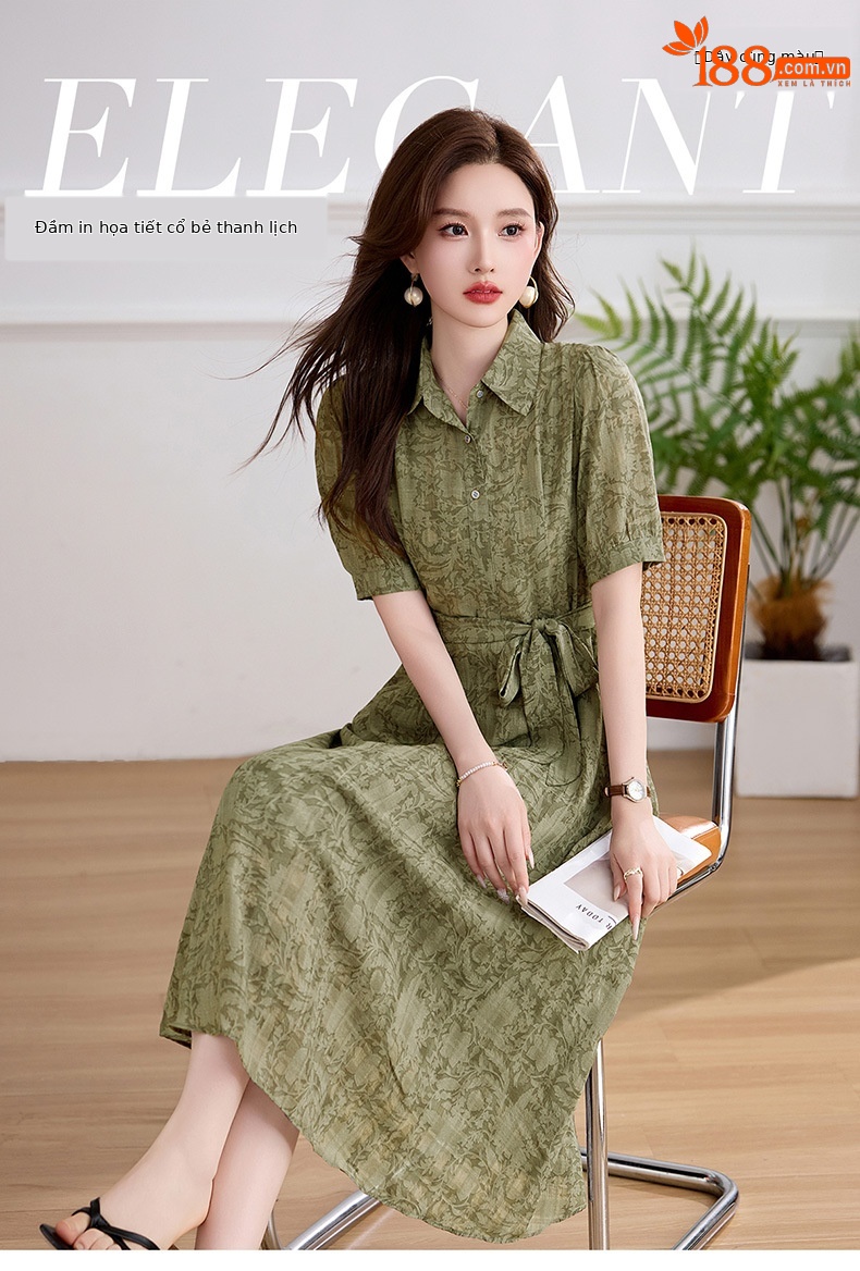 Đầm suông midi cổ bẻ họa tiết hoa nhí thiết kế dây buộc eo — xanh lá cây, màu xám chi tiết 1