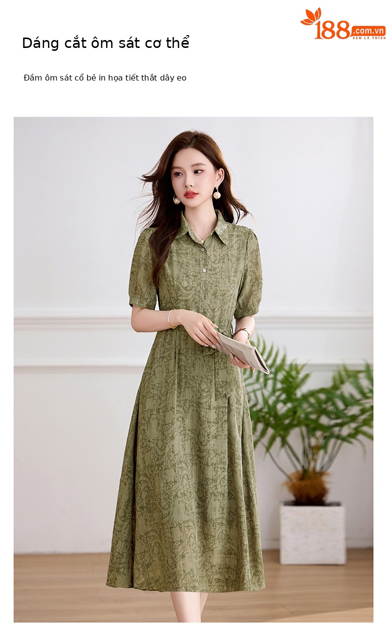 Đầm suông midi cổ bẻ họa tiết hoa nhí thiết kế dây buộc eo — xanh lá cây, màu xám chi tiết 3